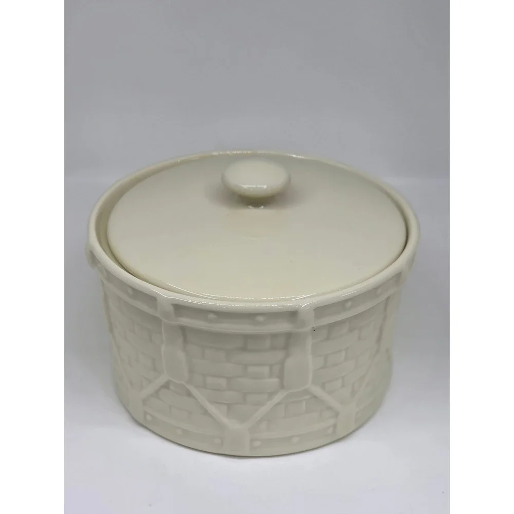 Longaberger Drum Crock‎ Ivory Woven Traditions Lidded Jar Canister USA Cottage